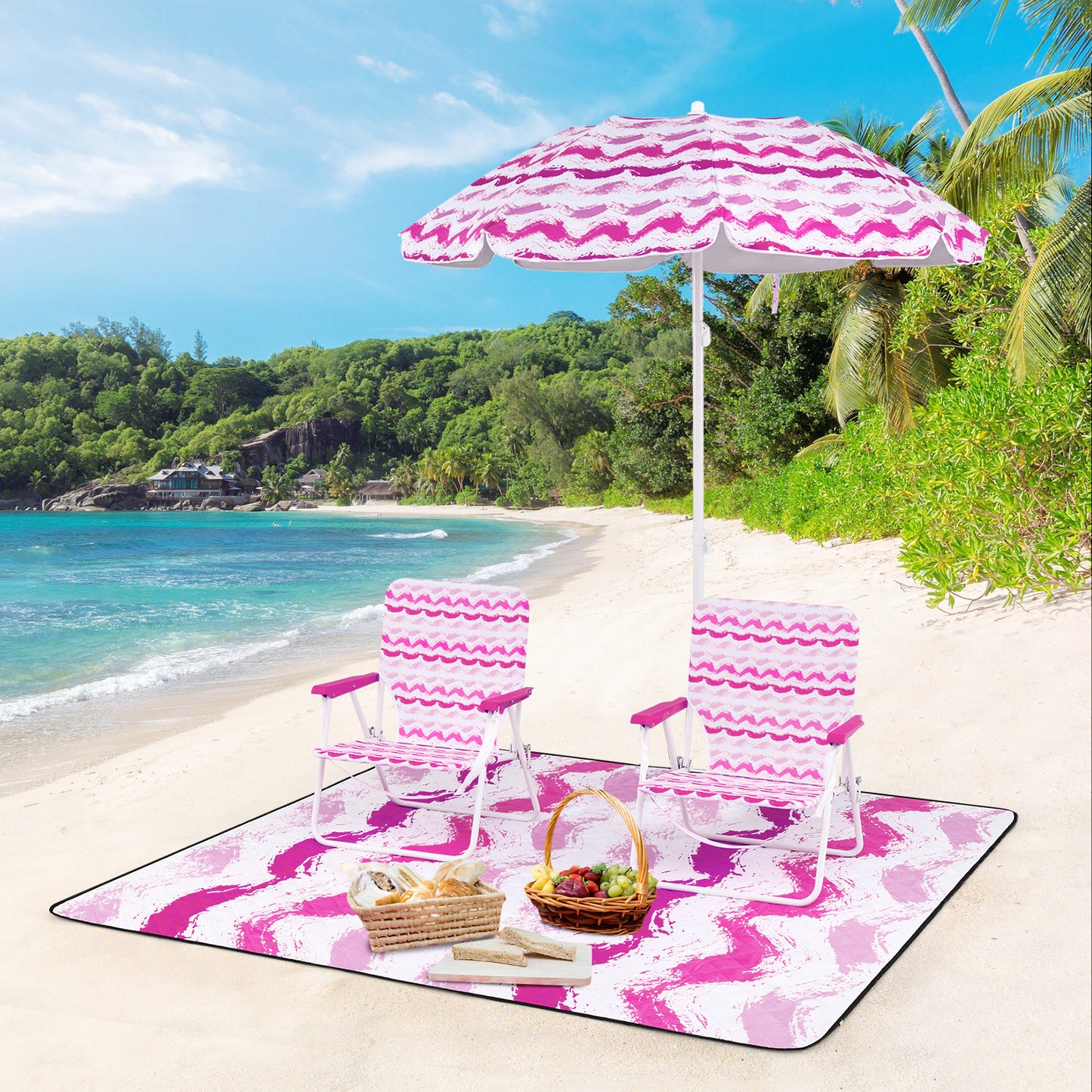 Beach Umbrella Set with 2 Chairs and Picnic Blanket
