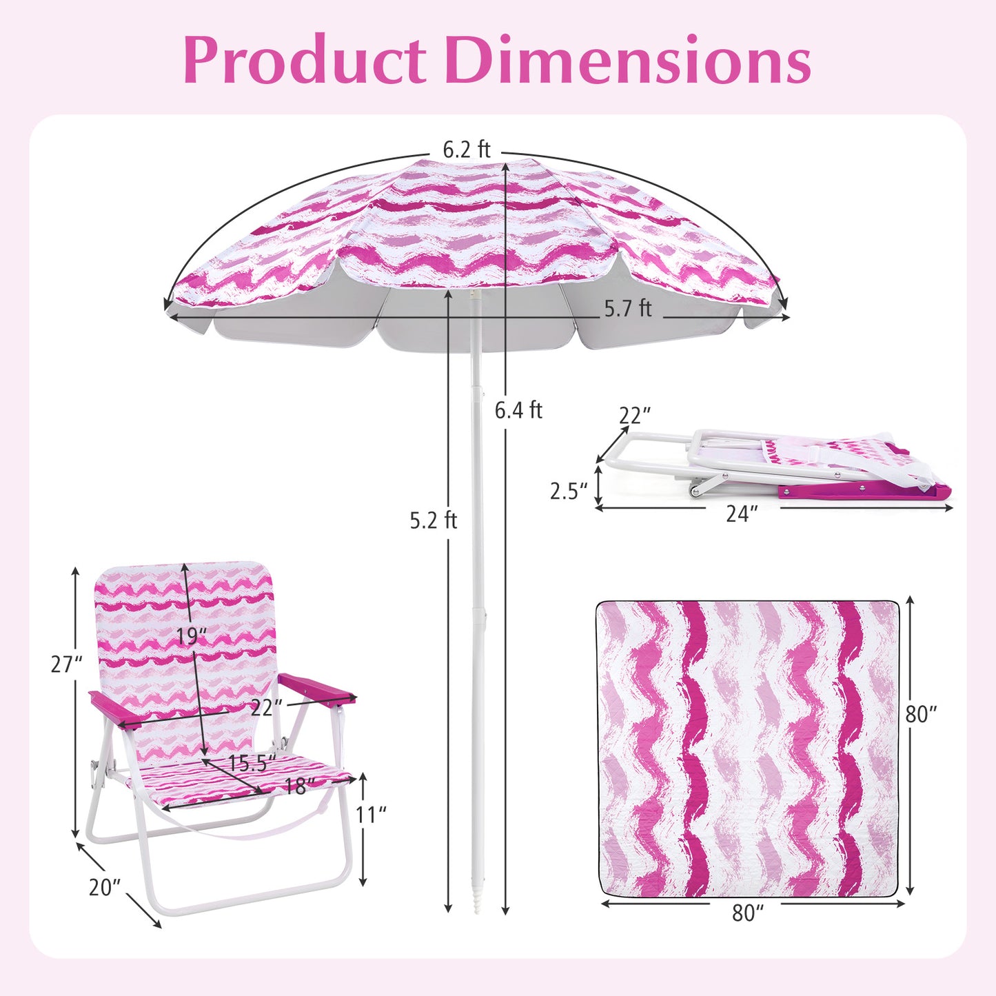 Beach Umbrella Set with 2 Chairs and Picnic Blanket