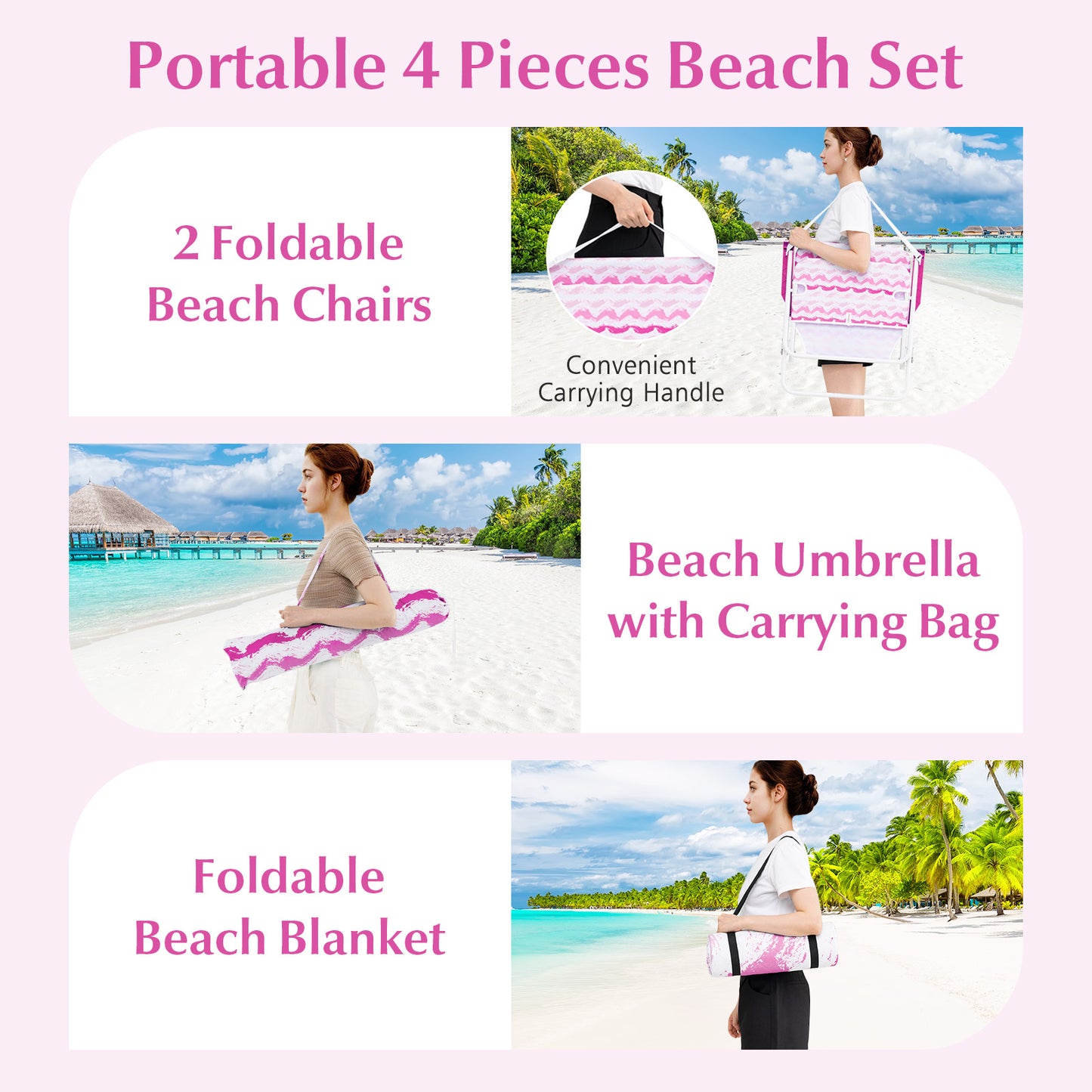 Beach Umbrella Set with 2 Chairs and Picnic Blanket