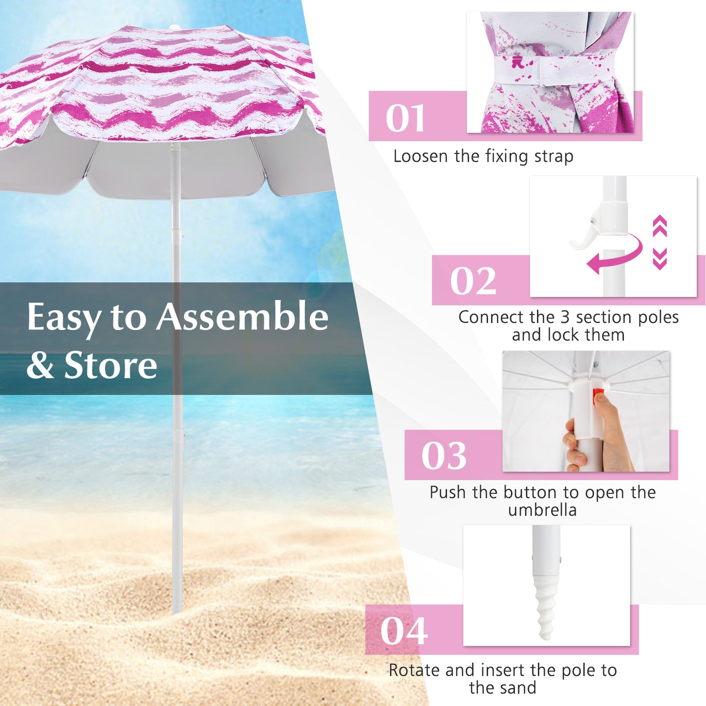 Beach Umbrella Set with 2 Chairs and Picnic Blanket
