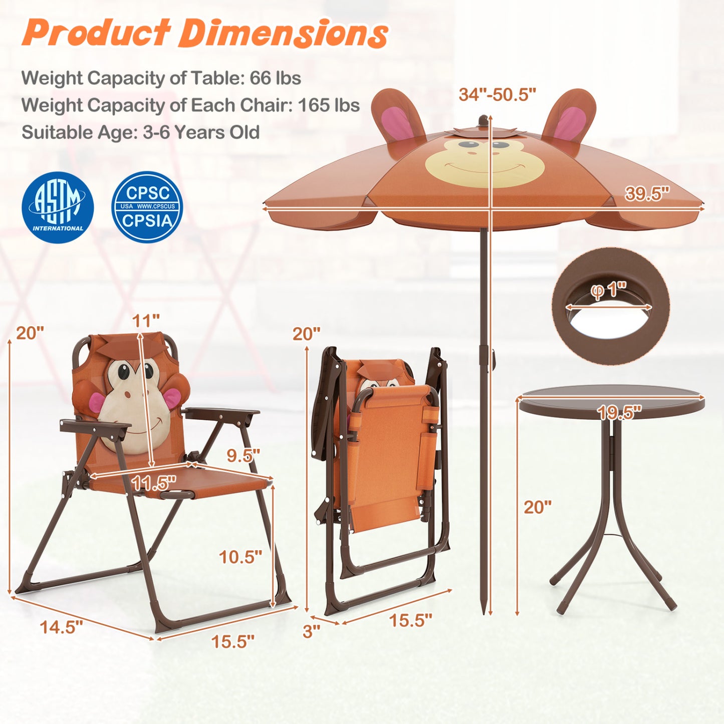 Kids Picnic Table Set with Folding Chairs and Umbrella