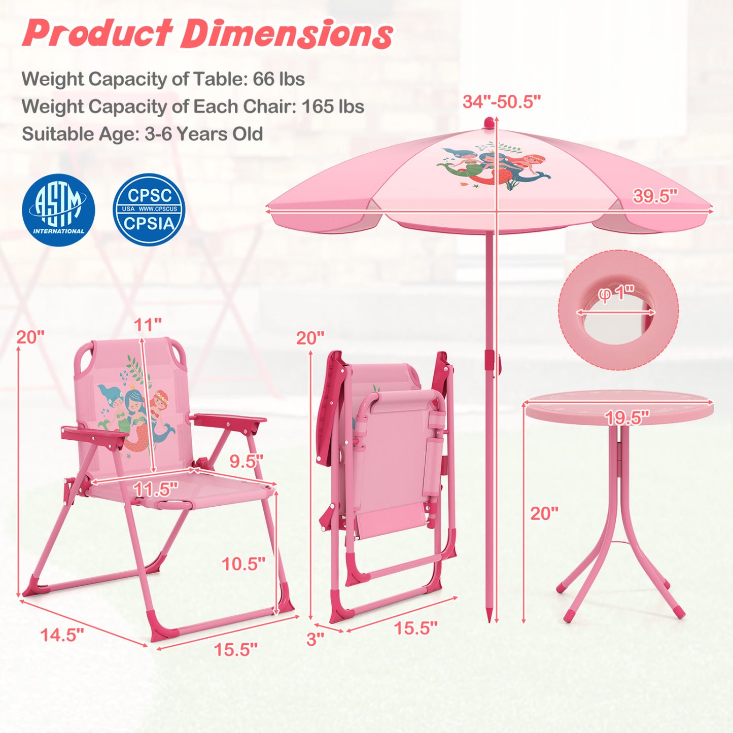 Kids Picnic Table Set with Folding Chairs and Umbrella