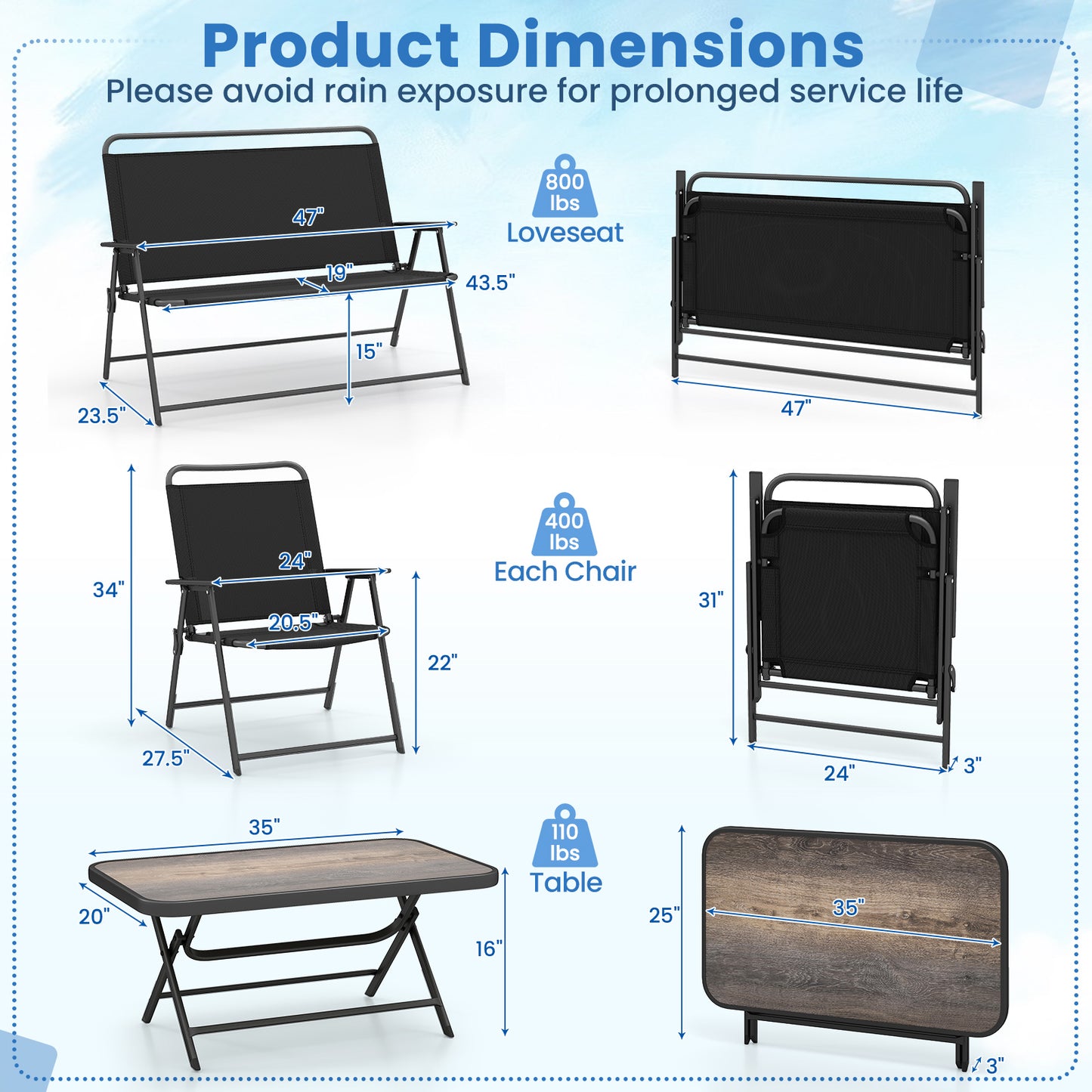 4-Piece Folding Patio Conversation Set with Coffee Table