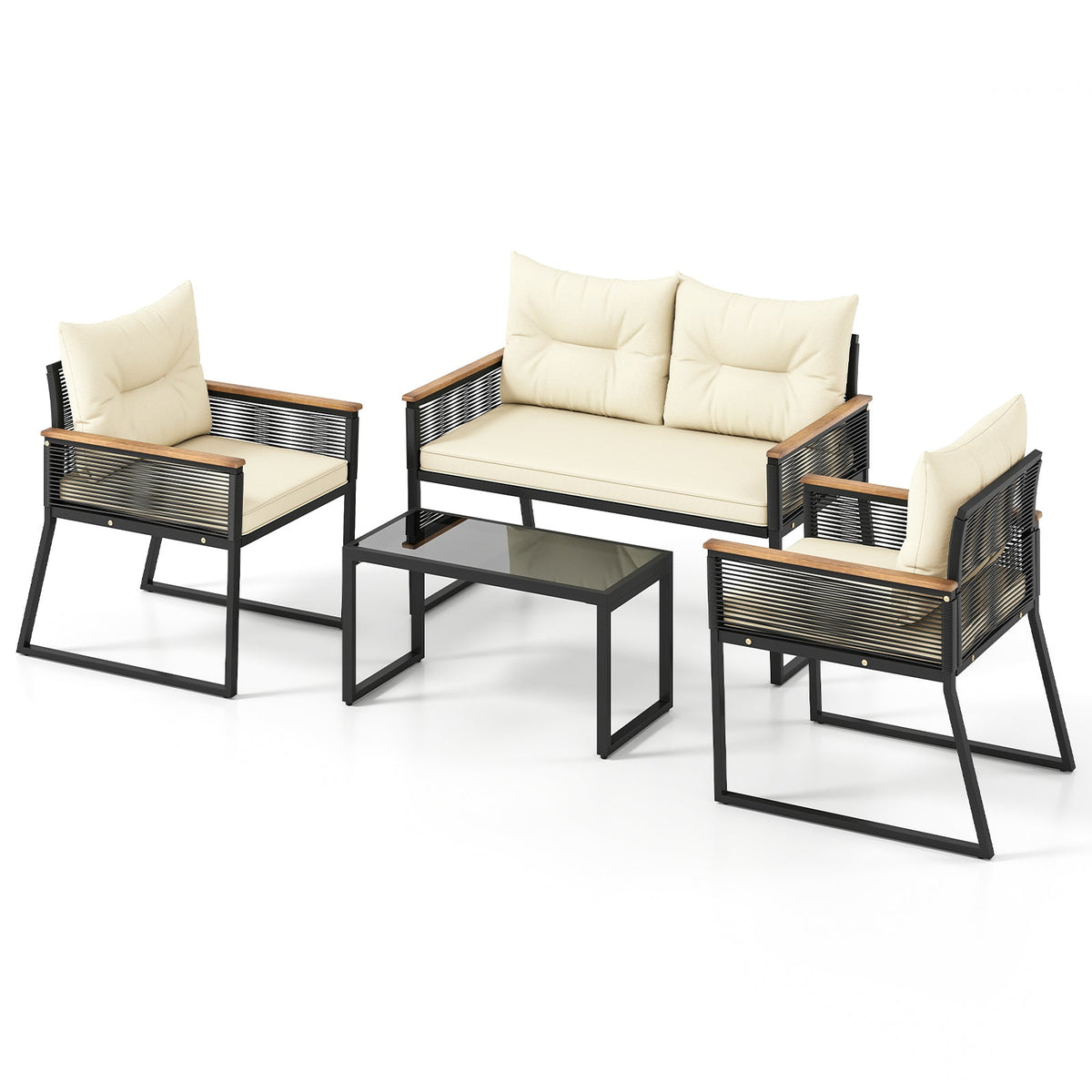 4 Pieces Patio Furniture Set Outdoor Conversation Set with Tempered Glass Coffee Table-Black