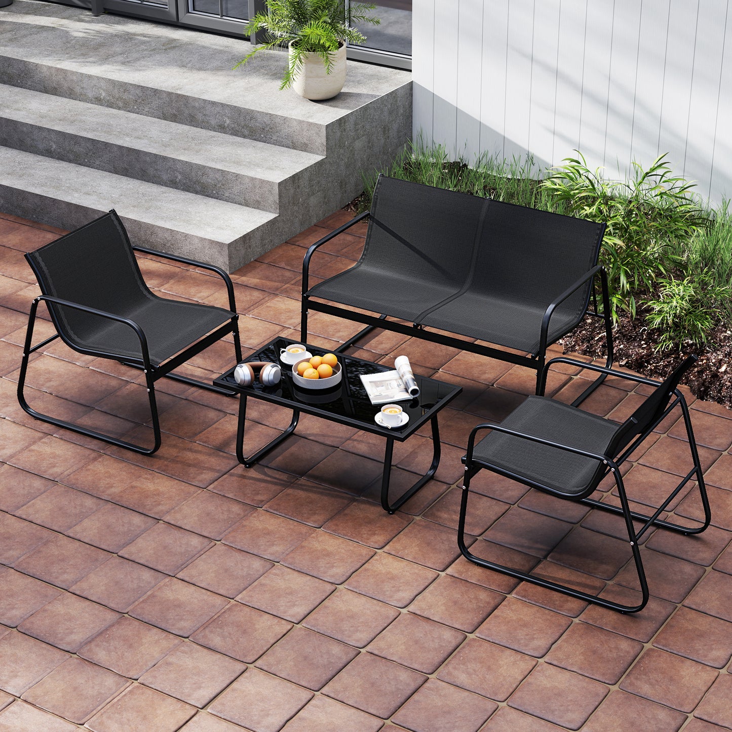 4-Piece Patio Conversation Set with Loveseat and Glass Table