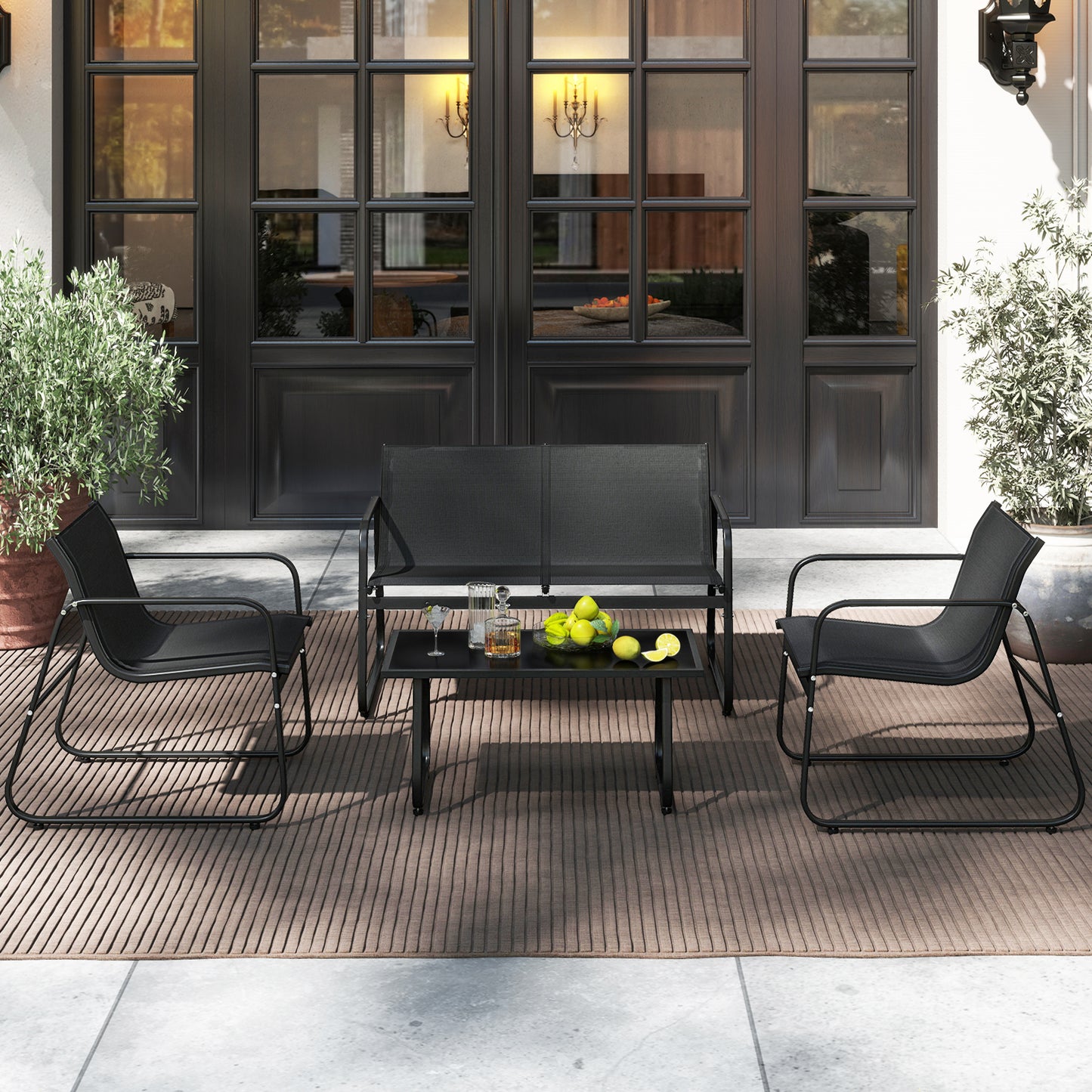 4-Piece Patio Conversation Set with Loveseat and Glass Table