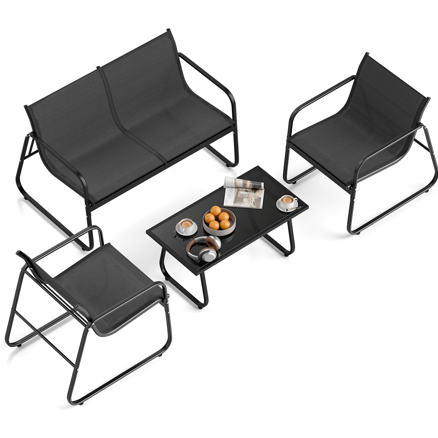 4-Piece Patio Conversation Set with Loveseat and Glass Table