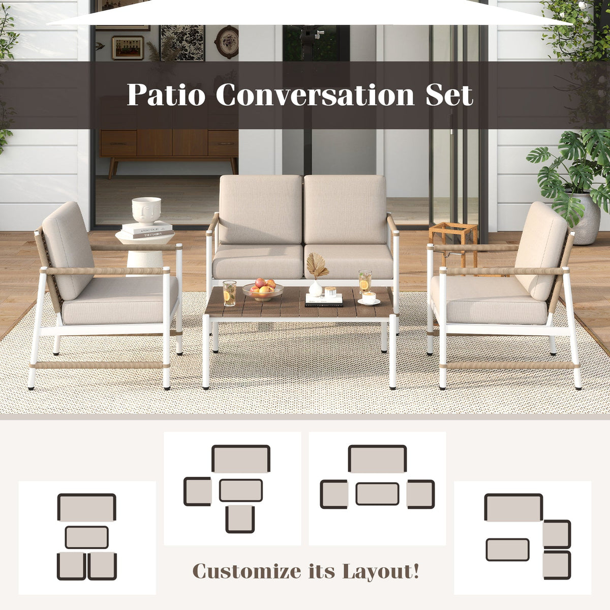 4 Pieces Patio Furniture Set with Thick Cushions and a Coffee Table-Gray
