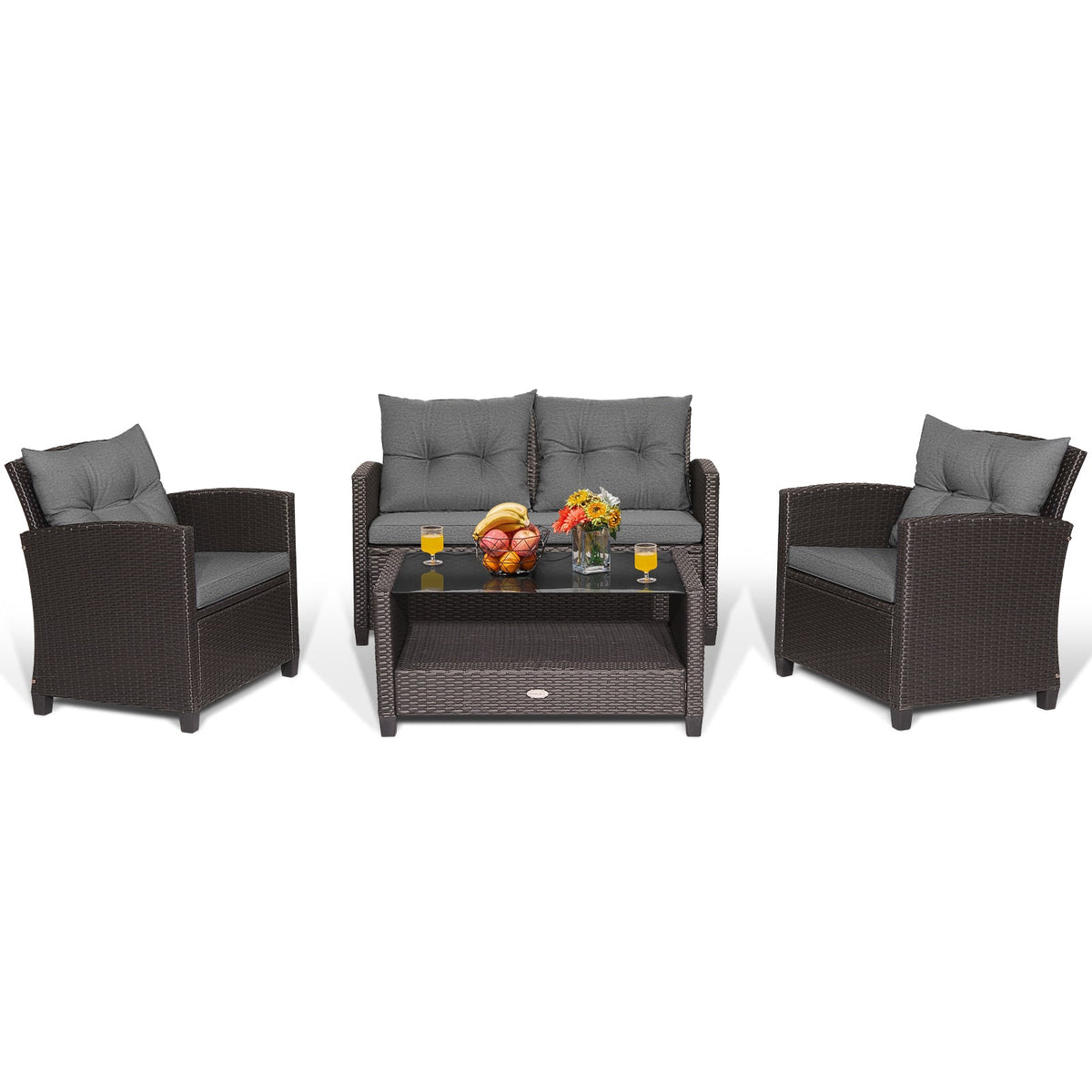 4 Pieces Patio Rattan Conversation Furniture Set with Glass Top Coffee Table-Gray
