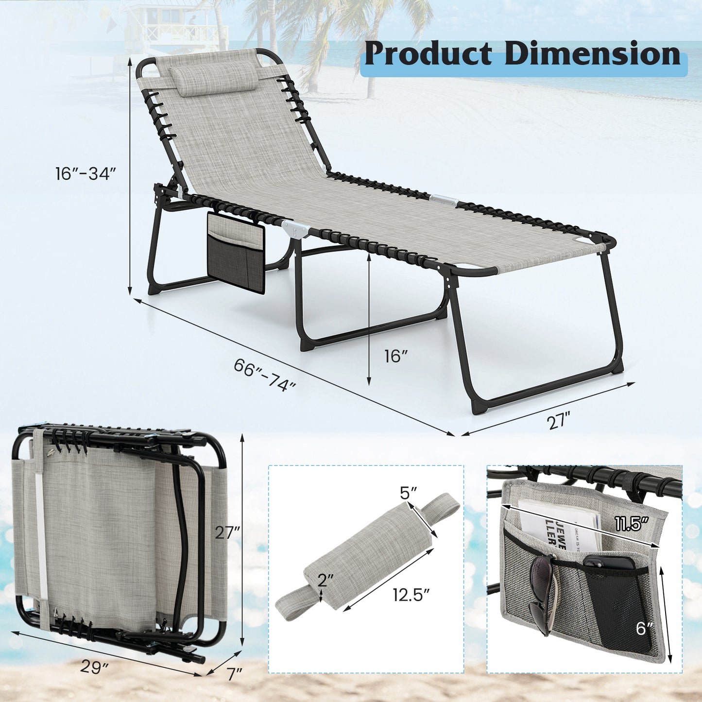 4-Position Folding Chaise Lounge with Adjustable Backrest