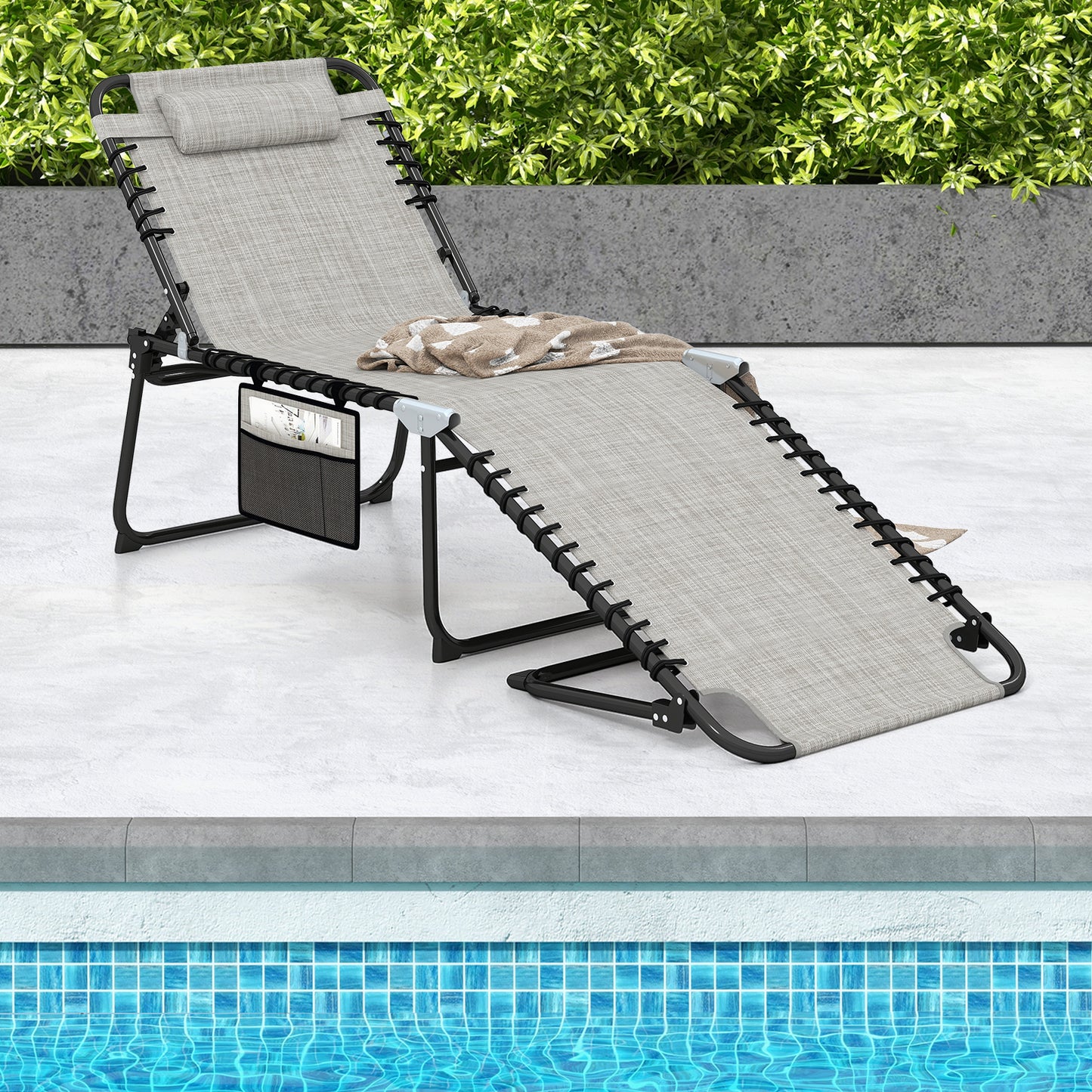 4-Position Folding Chaise Lounge with Adjustable Backrest