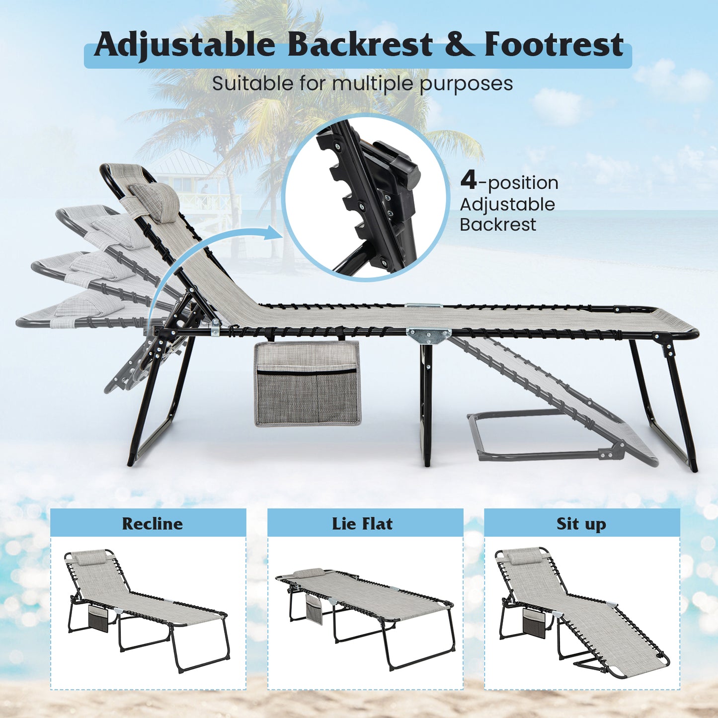 4-Position Folding Chaise Lounge with Adjustable Backrest