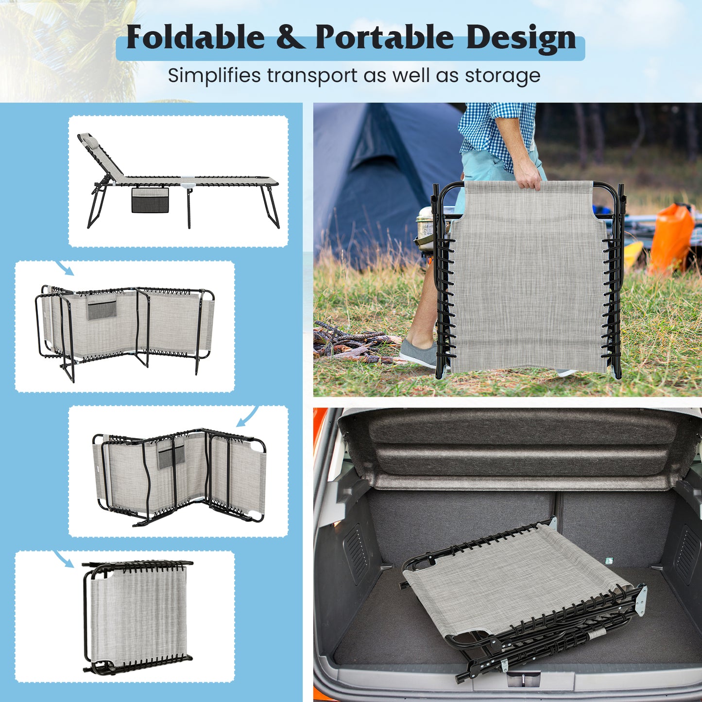 4-Position Folding Chaise Lounge with Adjustable Backrest