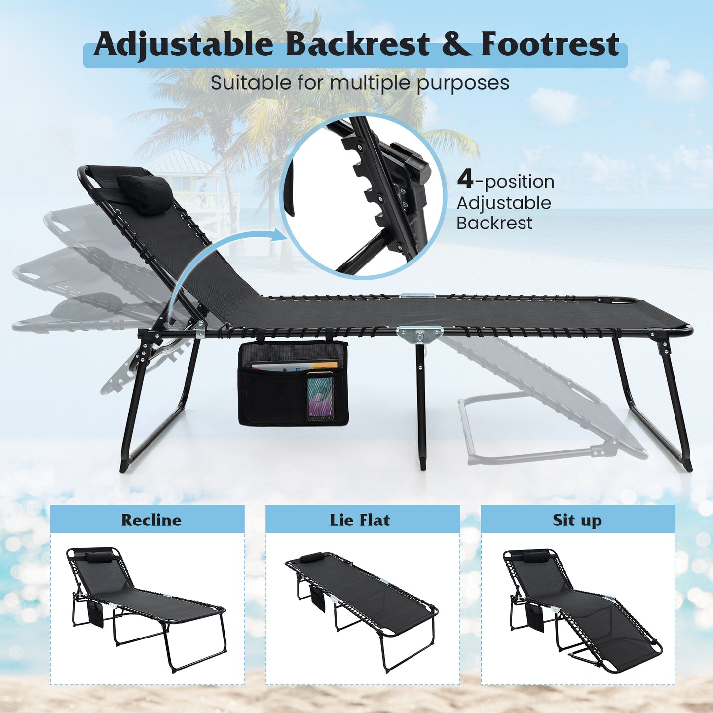 4-Position Folding Chaise Lounge with Adjustable Backrest