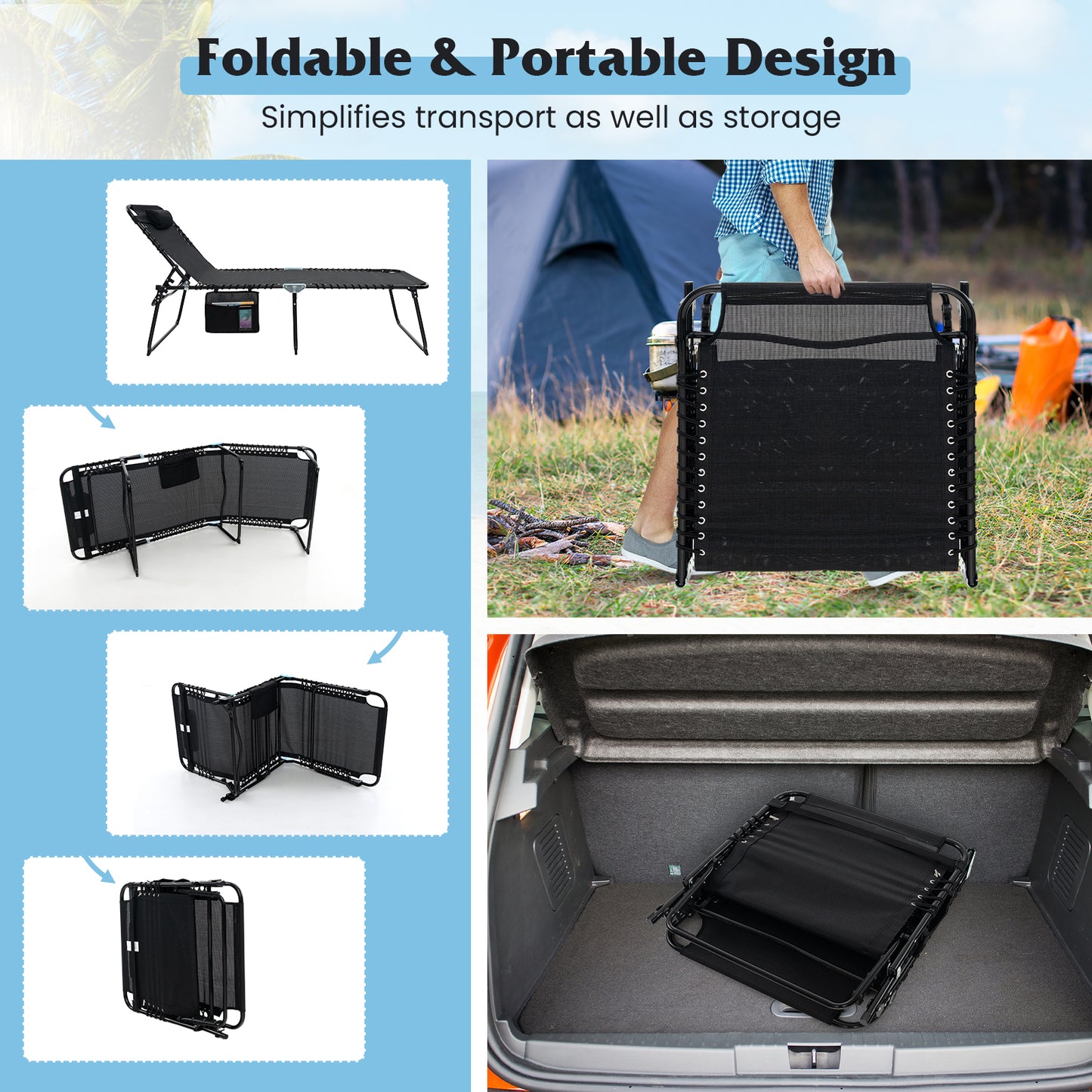 4-Position Folding Chaise Lounge with Adjustable Backrest