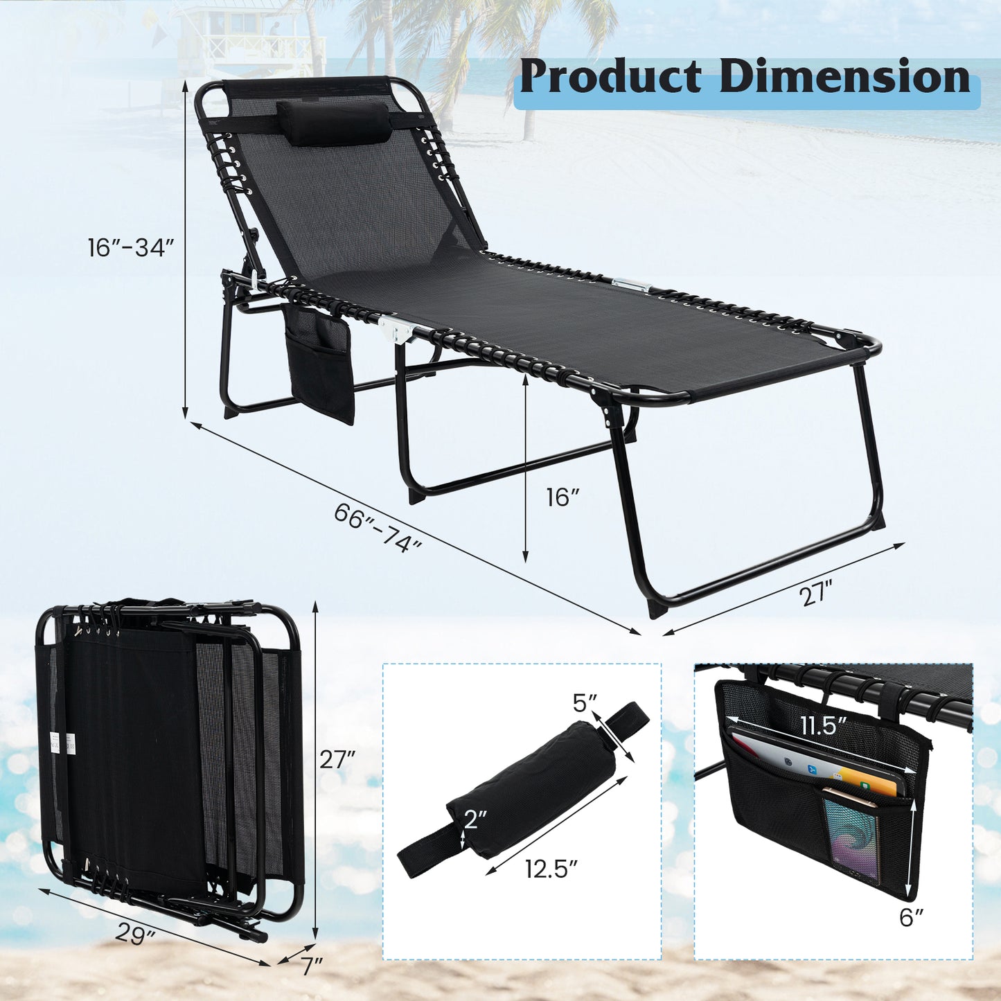 4-Position Folding Chaise Lounge with Adjustable Backrest