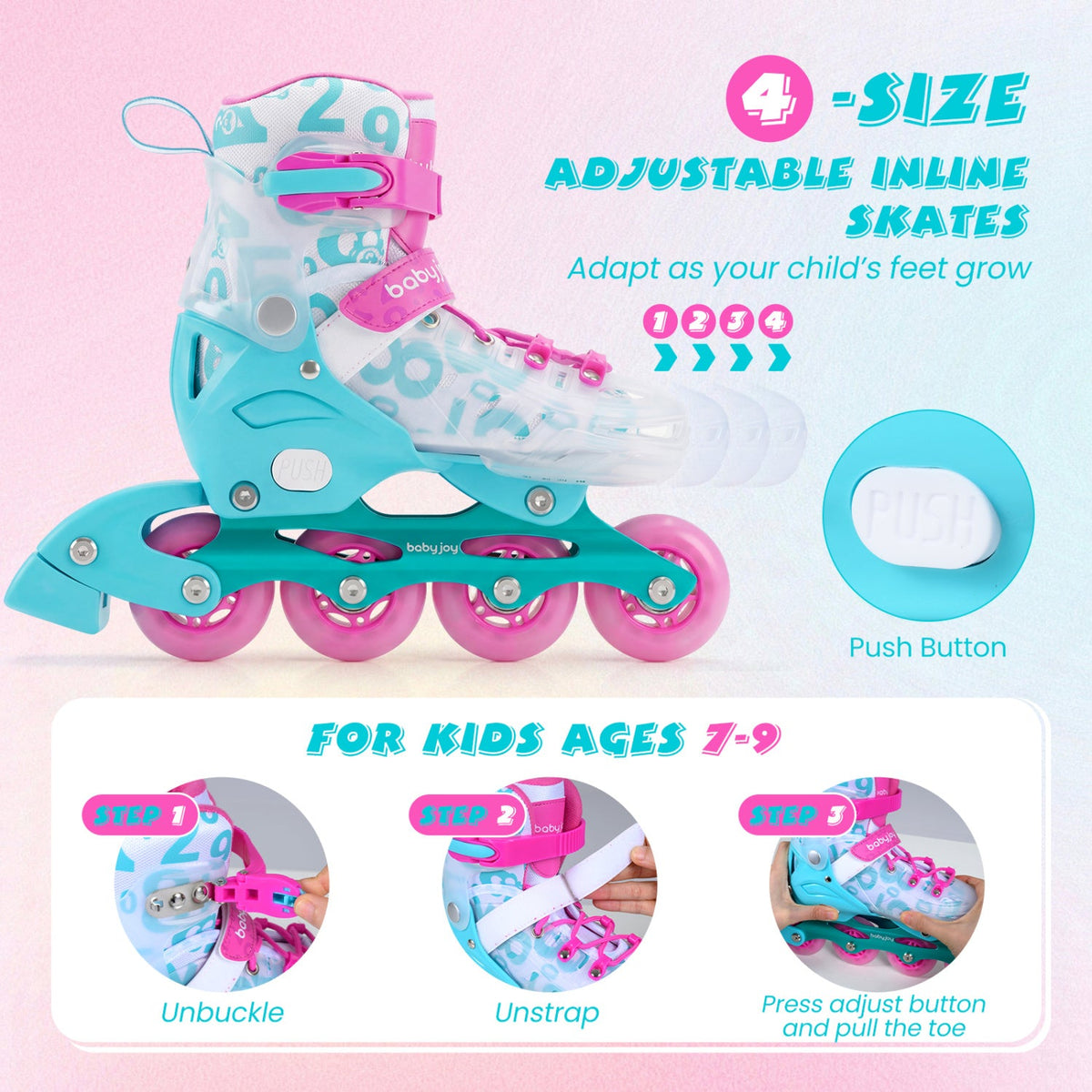 4-Size Adjustable Illuminating Kids Inline Skates with Light Up Wheels