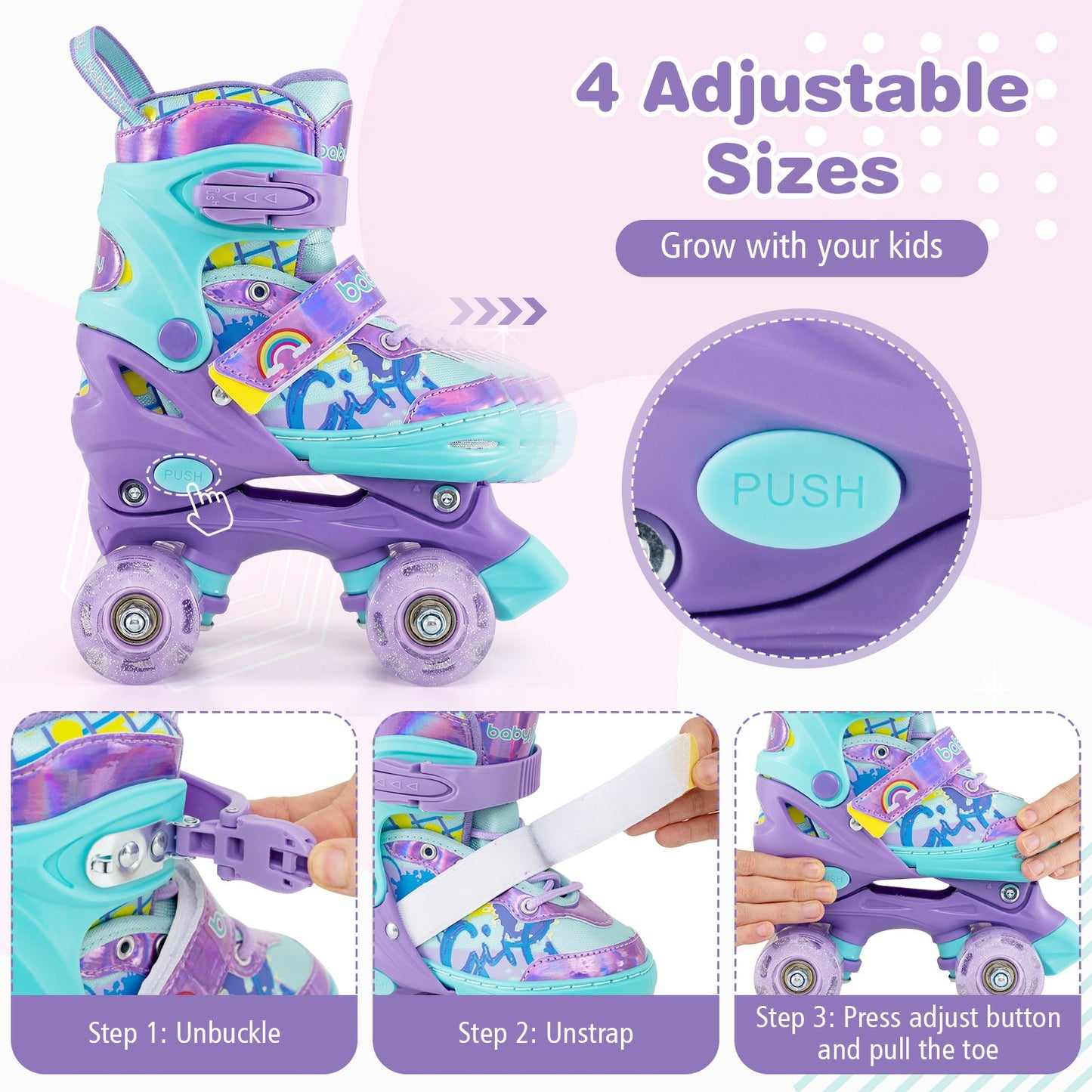 4 Sizes Adjustable Kids Roller Skates with Light-up Wheels and Safety Protection S Size-Purple