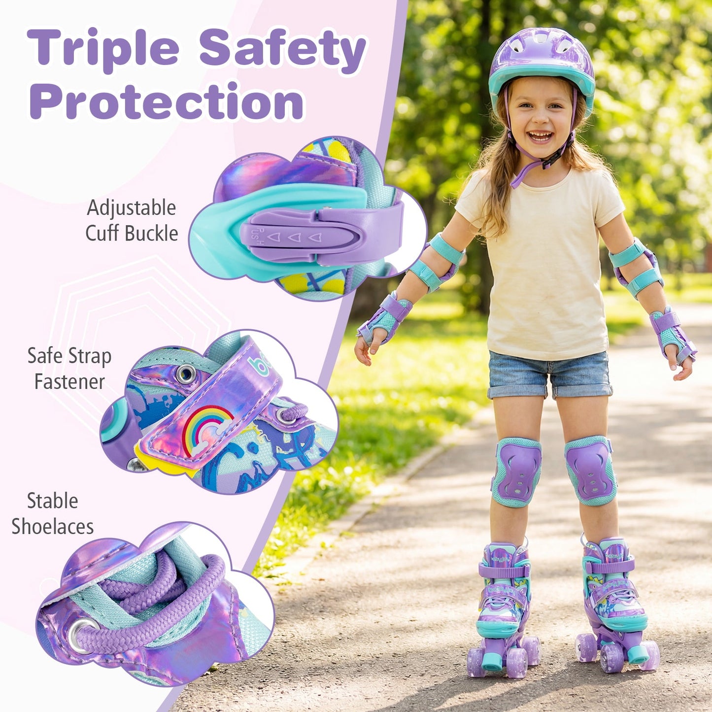 4 Sizes Adjustable Kids Roller Skates with Light-up Wheels and Safety Protection S Size-Purple