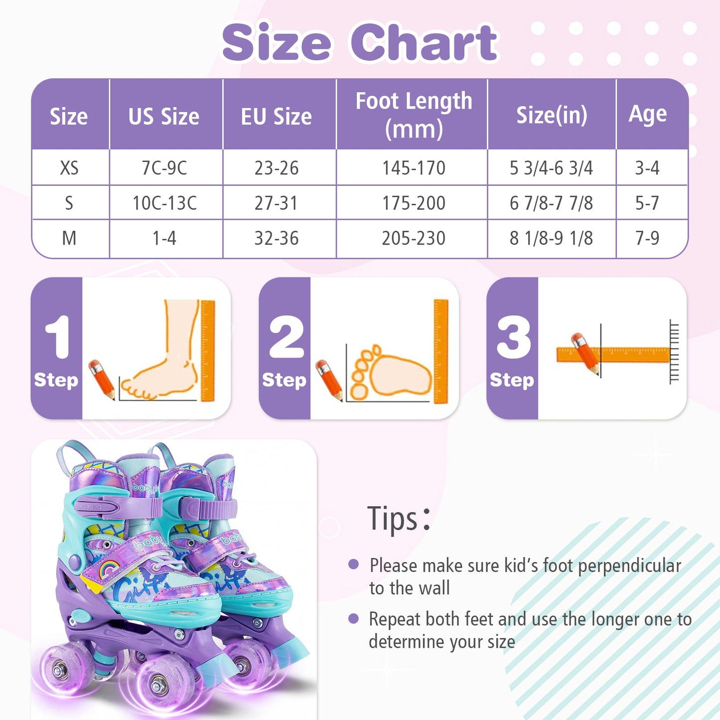 4 Sizes Adjustable Kids Roller Skates with Light-up Wheels and Safety Protection S Size-Purple