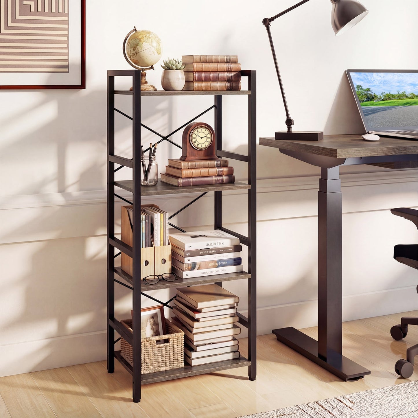 4-Tier Bookshelf Narrow Freestanding Display Shelf with Metal Frame