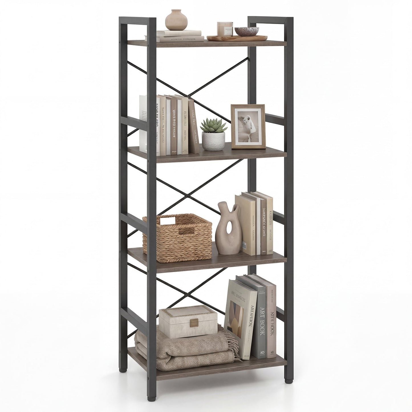 4-Tier Bookshelf Narrow Freestanding Display Shelf with Metal Frame