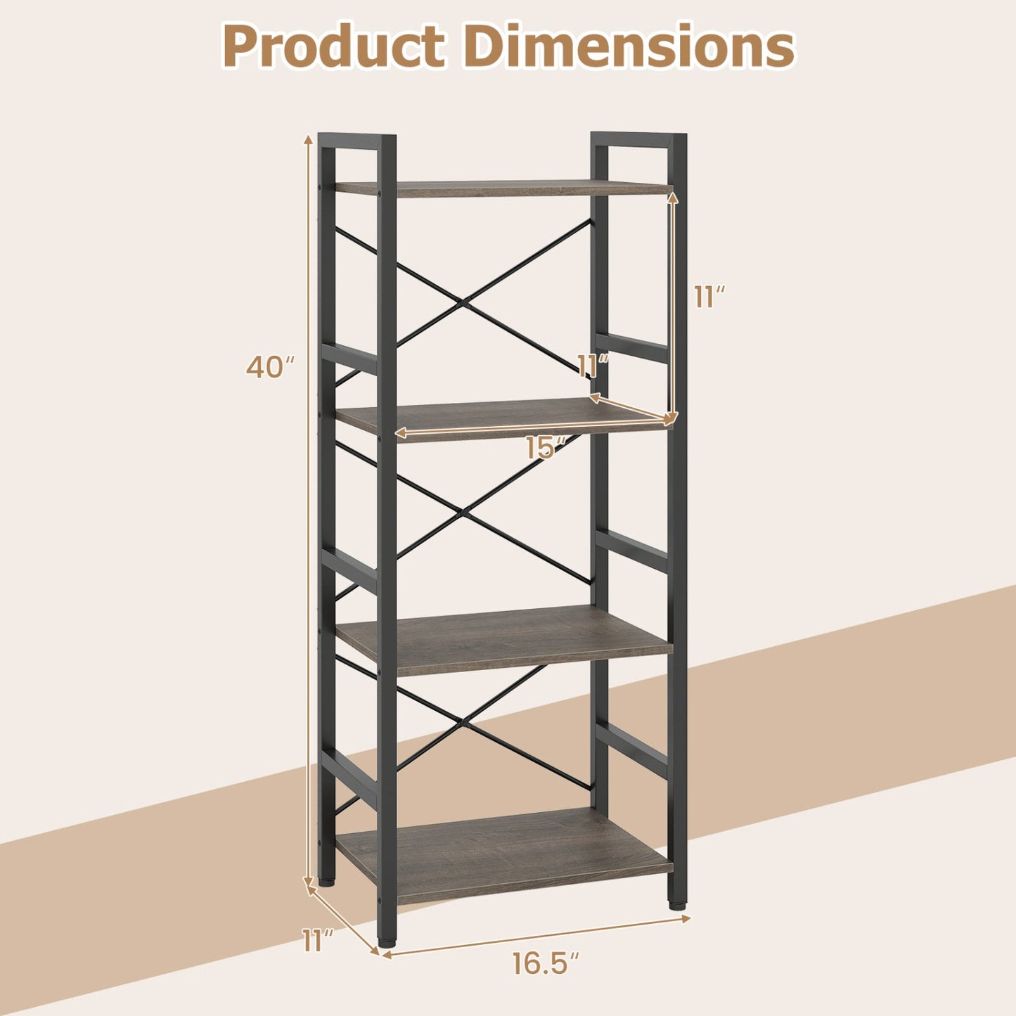 4-Tier Bookshelf Narrow Freestanding Display Shelf with Metal Frame