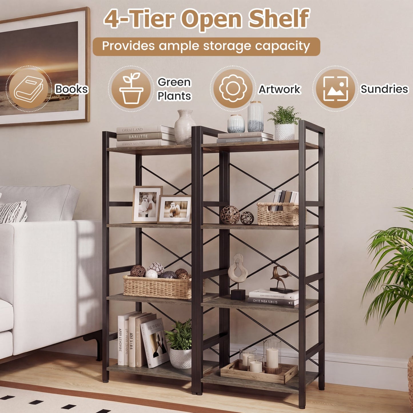 4-Tier Bookshelf Narrow Freestanding Display Shelf with Metal Frame