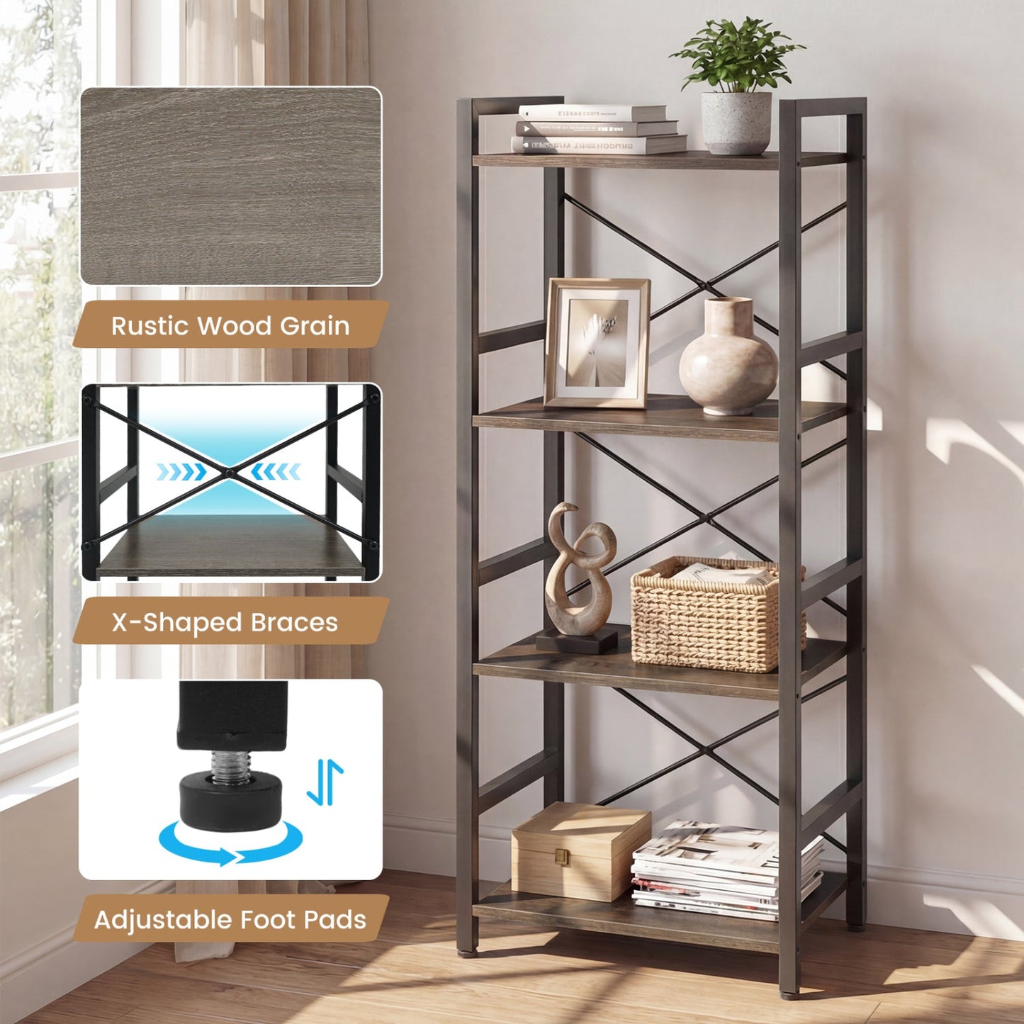 4-Tier Bookshelf Narrow Freestanding Display Shelf with Metal Frame