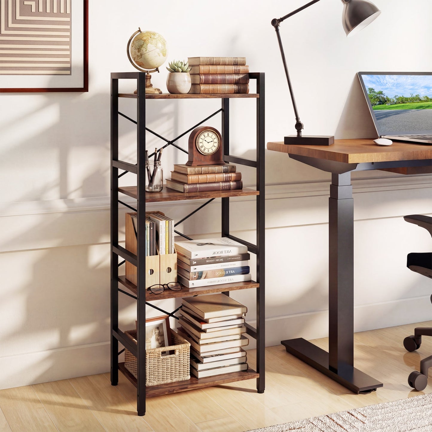 4-Tier Bookshelf Narrow Freestanding Display Shelf with Metal Frame