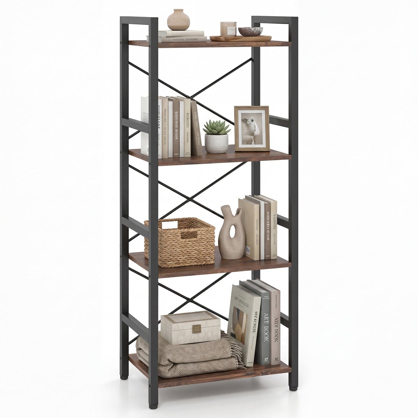 4-Tier Bookshelf Narrow Freestanding Display Shelf with Metal Frame
