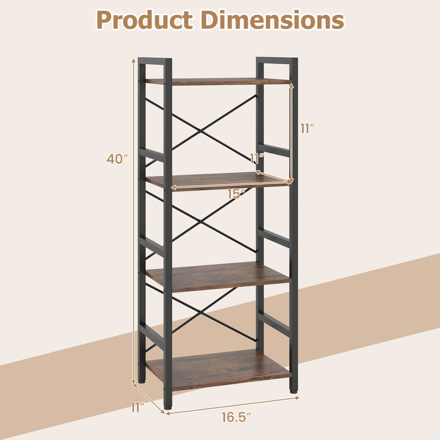 4-Tier Bookshelf Narrow Freestanding Display Shelf with Metal Frame