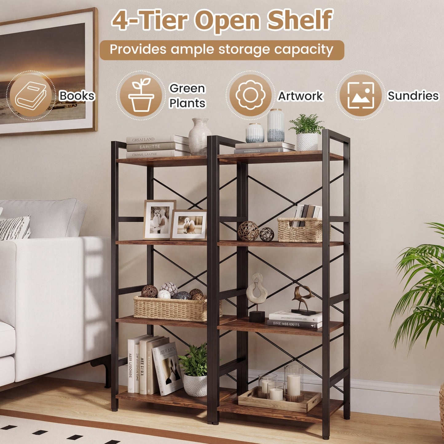 4-Tier Bookshelf Narrow Freestanding Display Shelf with Metal Frame