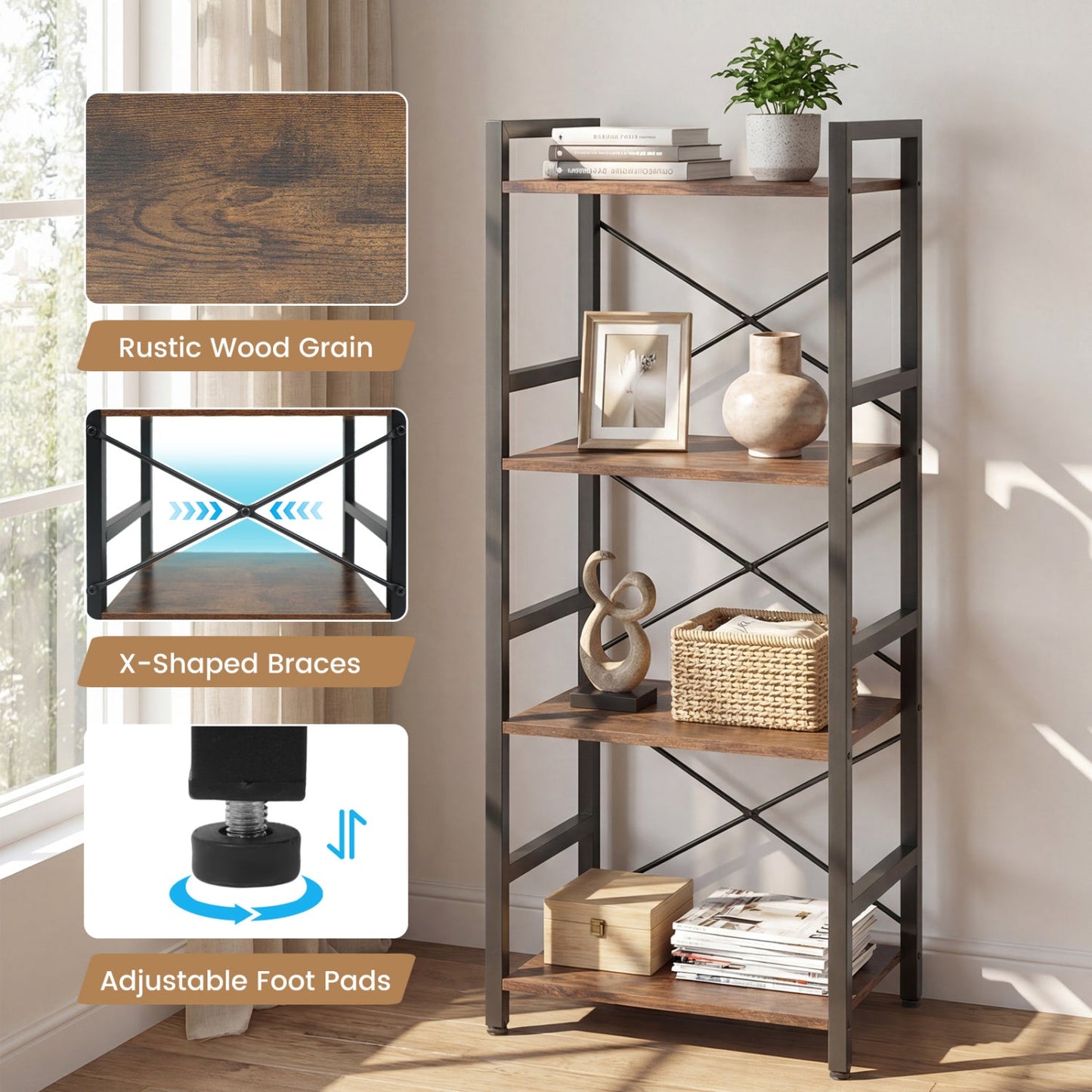4-Tier Bookshelf Narrow Freestanding Display Shelf with Metal Frame