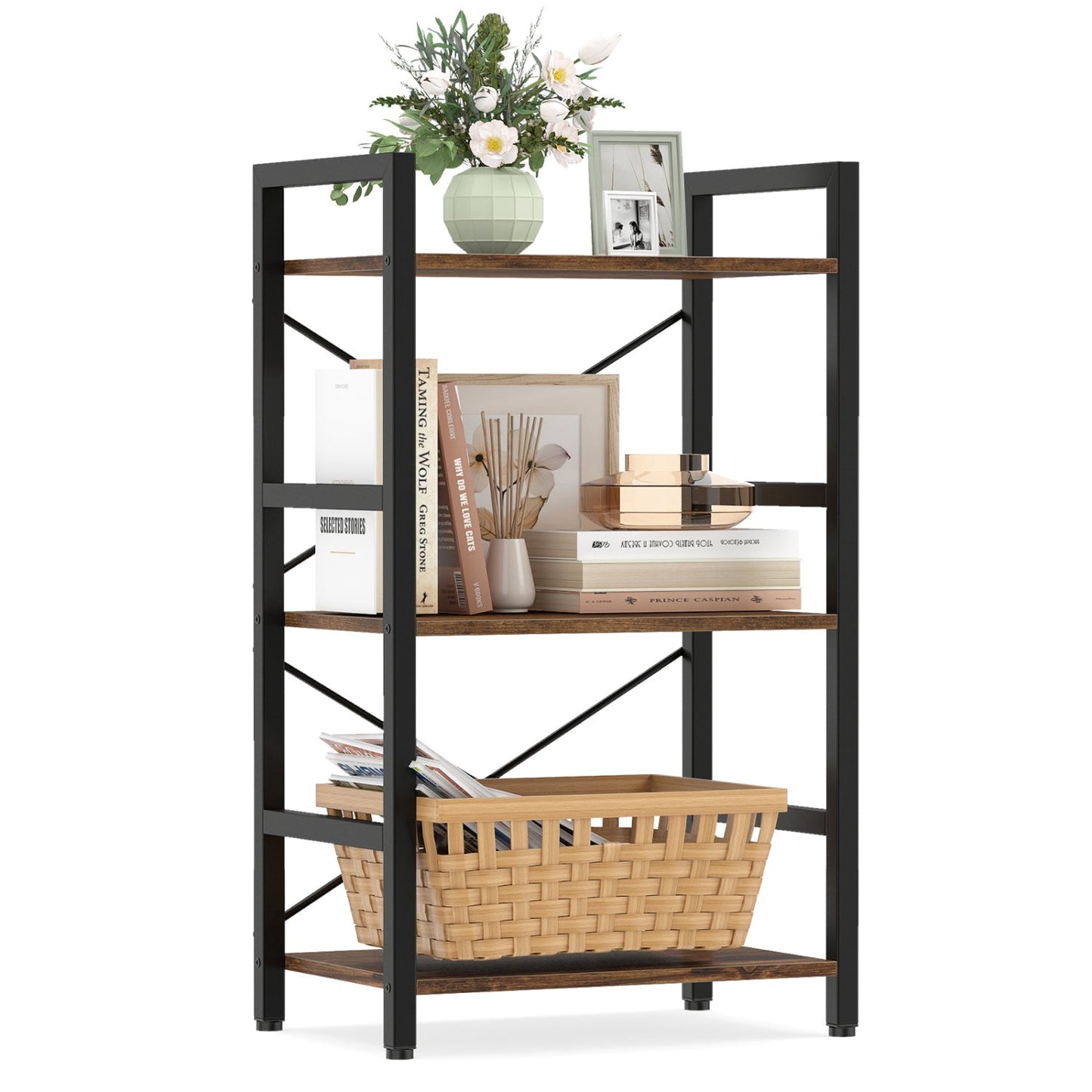4-Tier Bookshelf with Metal Frame and Wooden Storage Racks for Study
