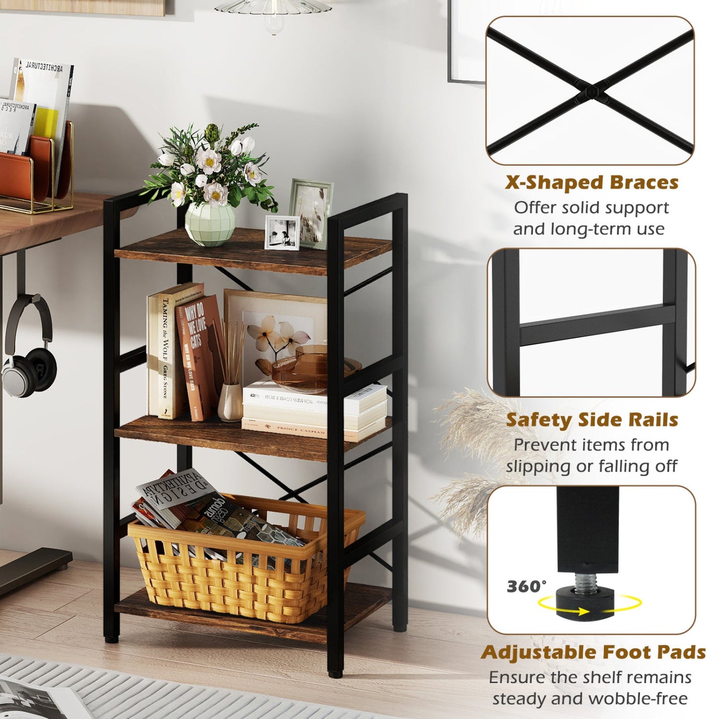 4-Tier Bookshelf with Metal Frame and Wooden Storage Racks for Study