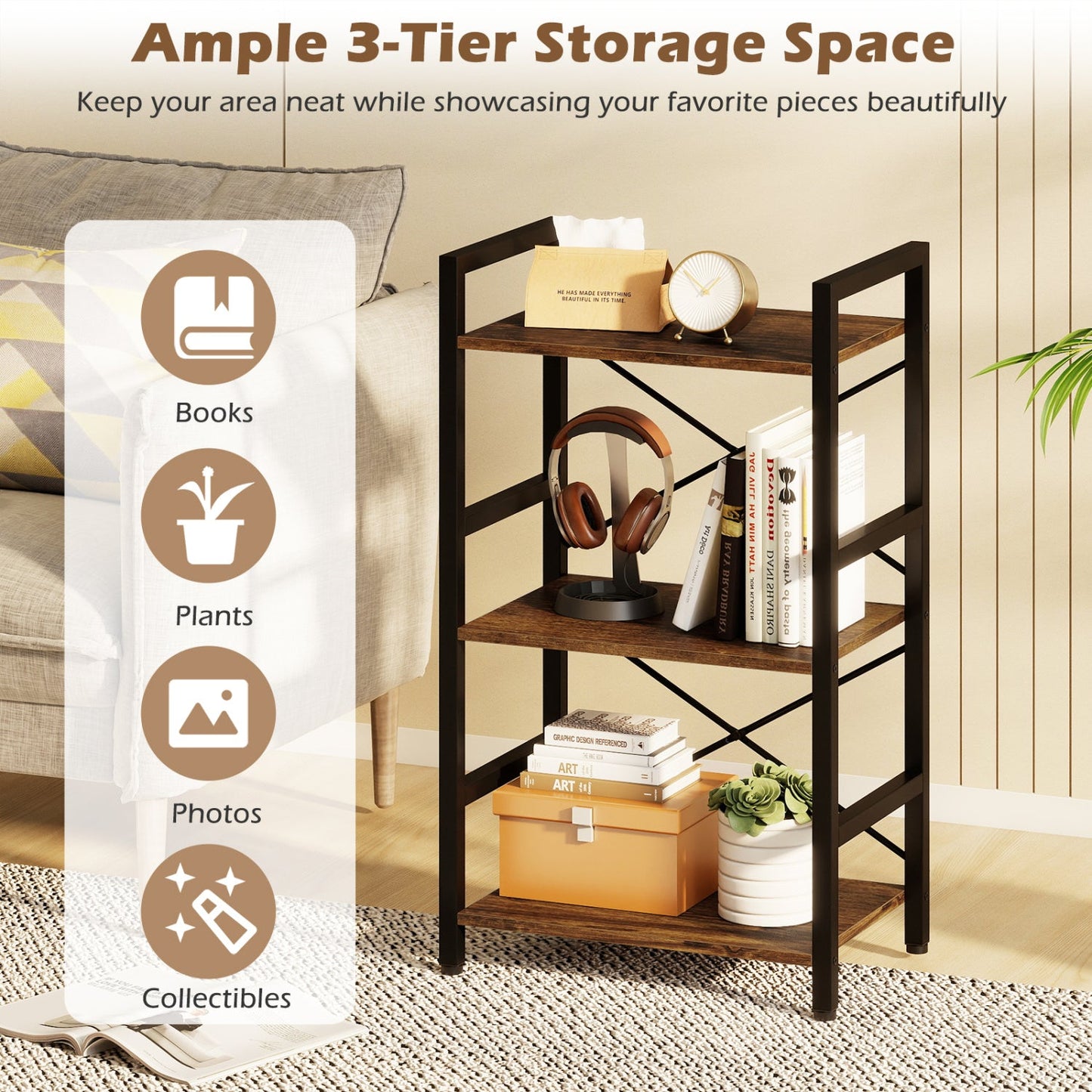 4-Tier Bookshelf with Metal Frame and Wooden Storage Racks for Study