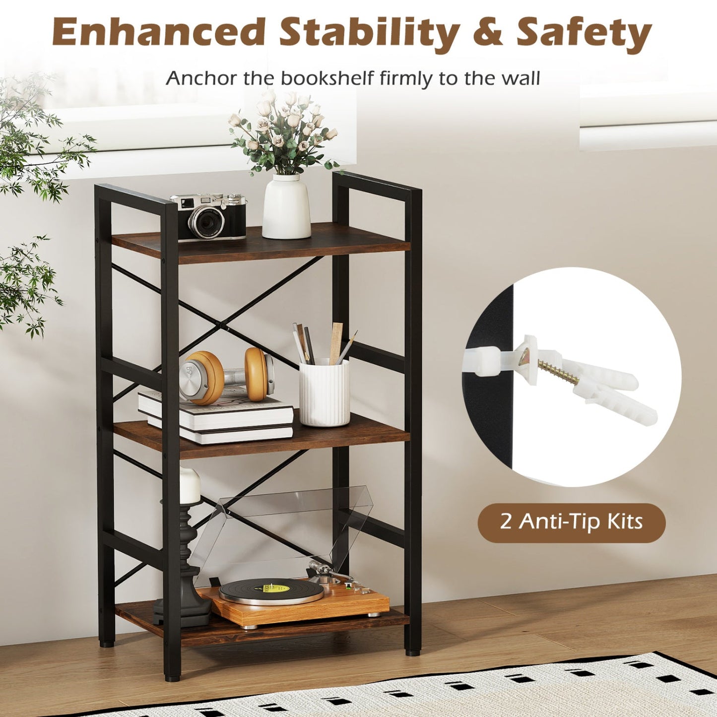 4-Tier Bookshelf with Metal Frame and Wooden Storage Racks for Study