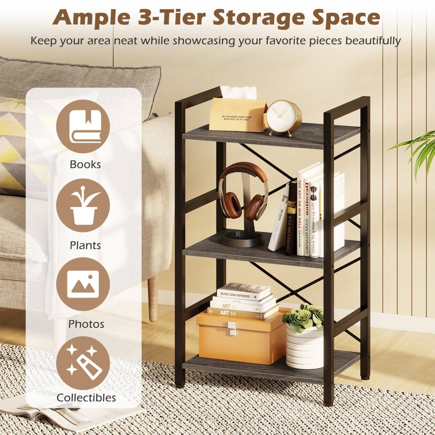 4-Tier Bookshelf with Metal Frame and Wooden Storage Racks for Study