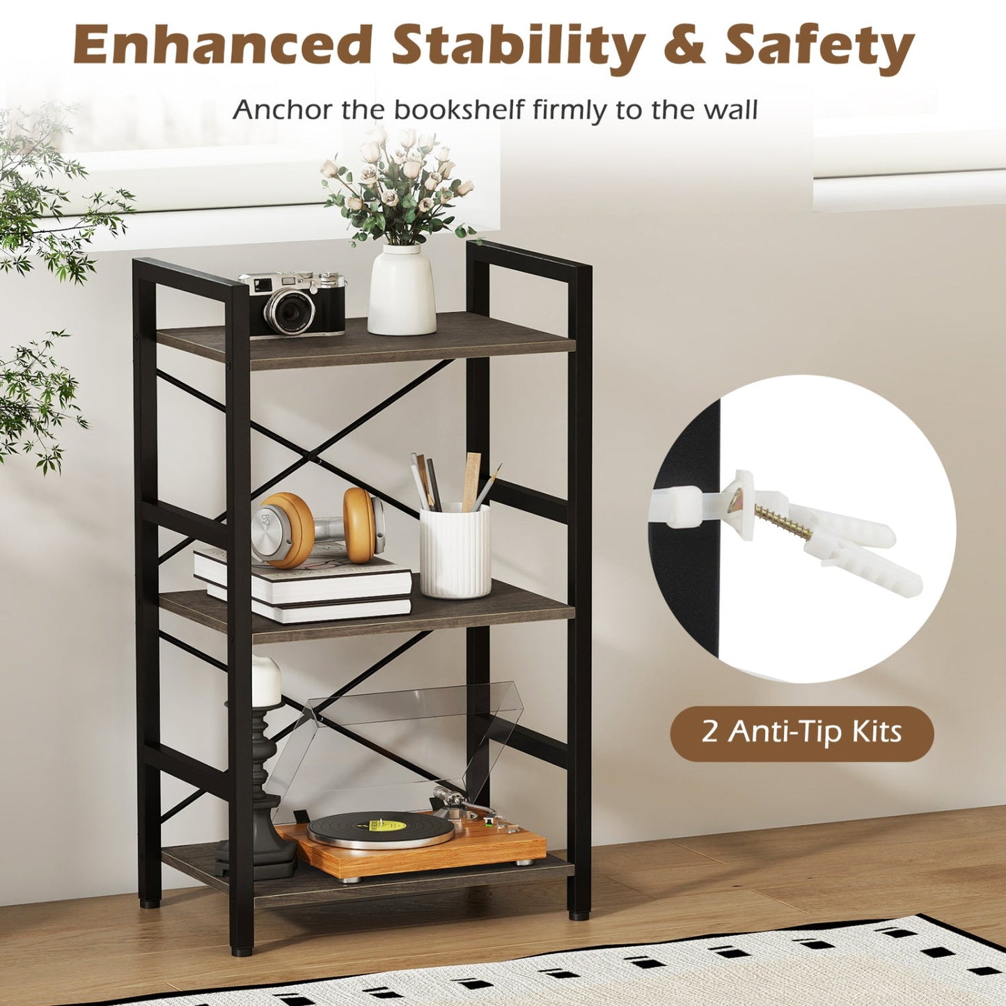4-Tier Bookshelf with Metal Frame and Wooden Storage Racks for Study