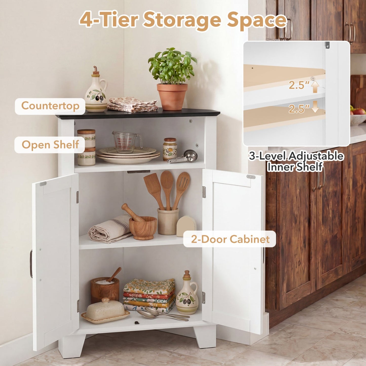 4-Tier Corner Storage Cabinet with Open Shelf