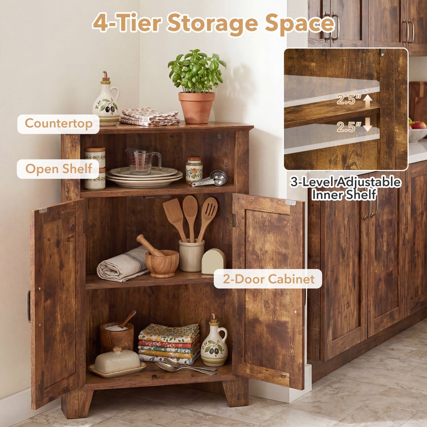 4-Tier Corner Storage Cabinet with Open Shelf