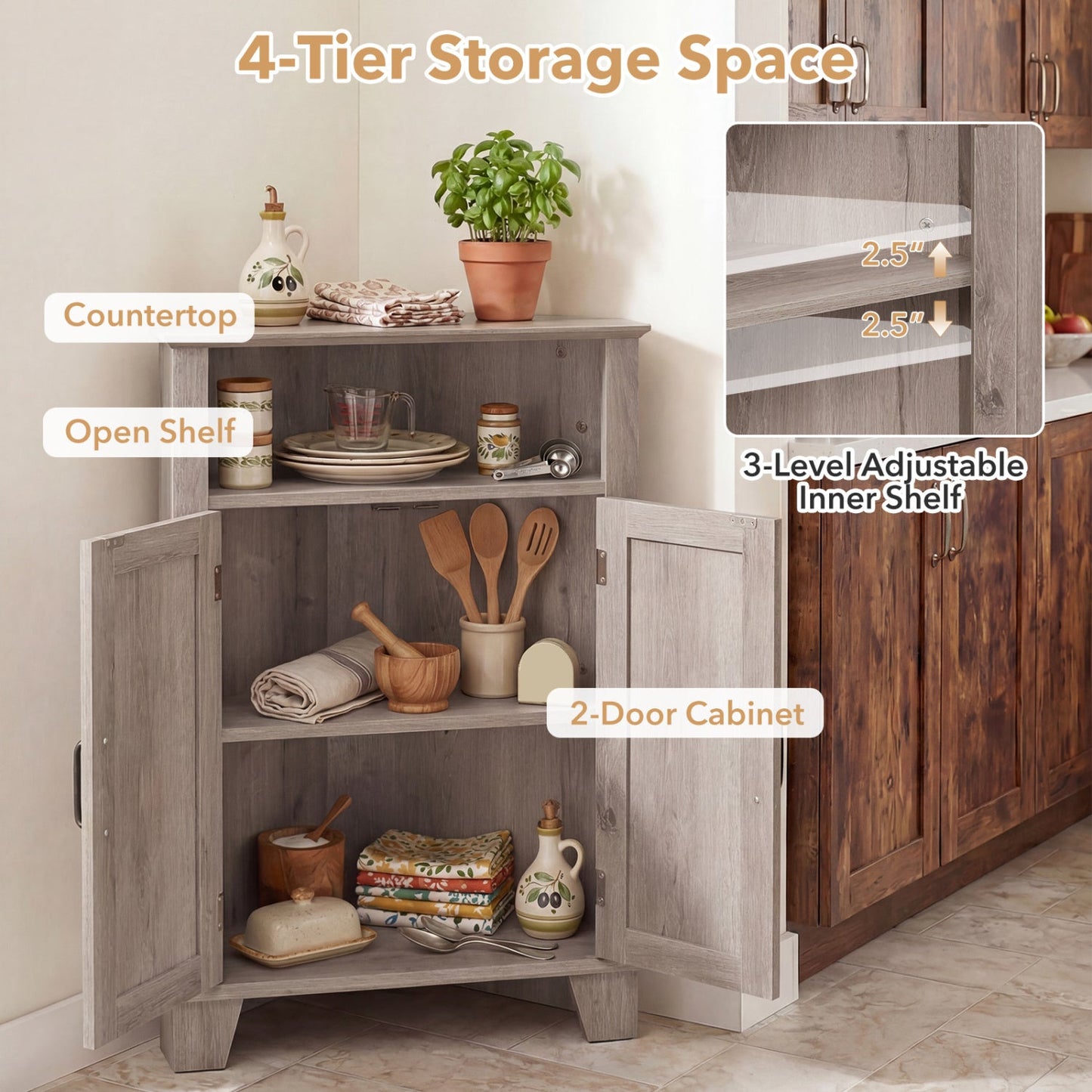 4-Tier Corner Storage Cabinet with Open Shelf