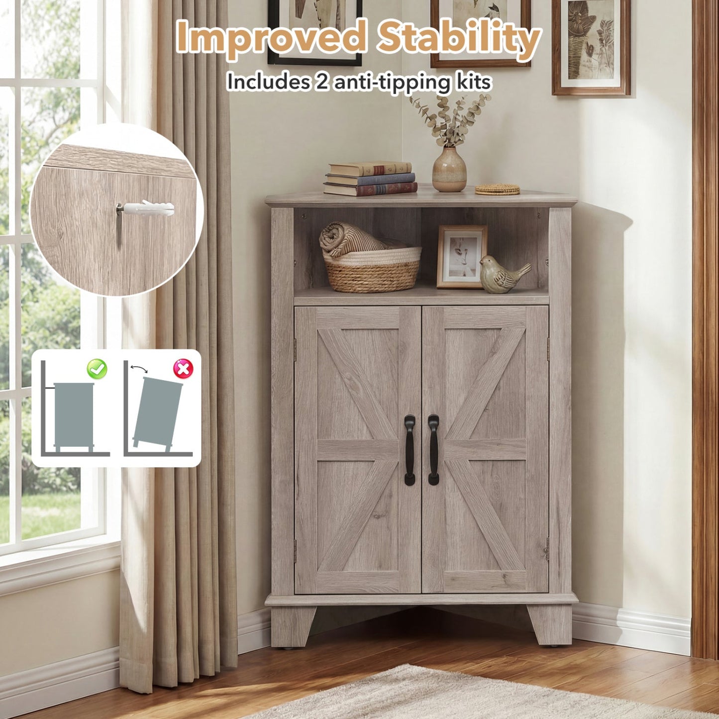 4-Tier Corner Storage Cabinet with Open Shelf