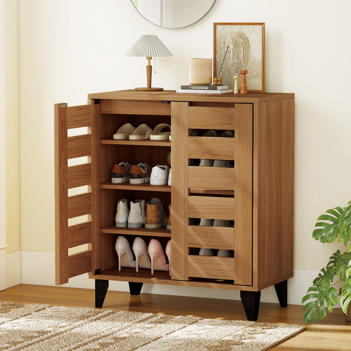 4-Tier Farmhouse Shoe Organizer with Louvered Door