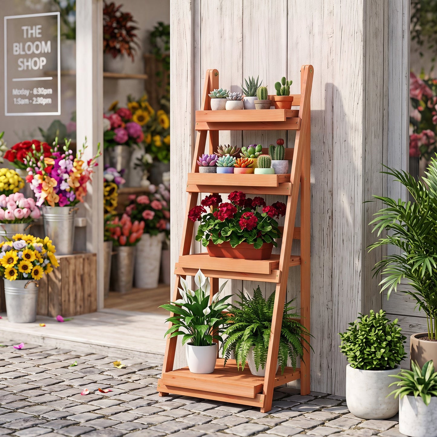4-Tier Foldable Plant Stand with Slatted Shelves