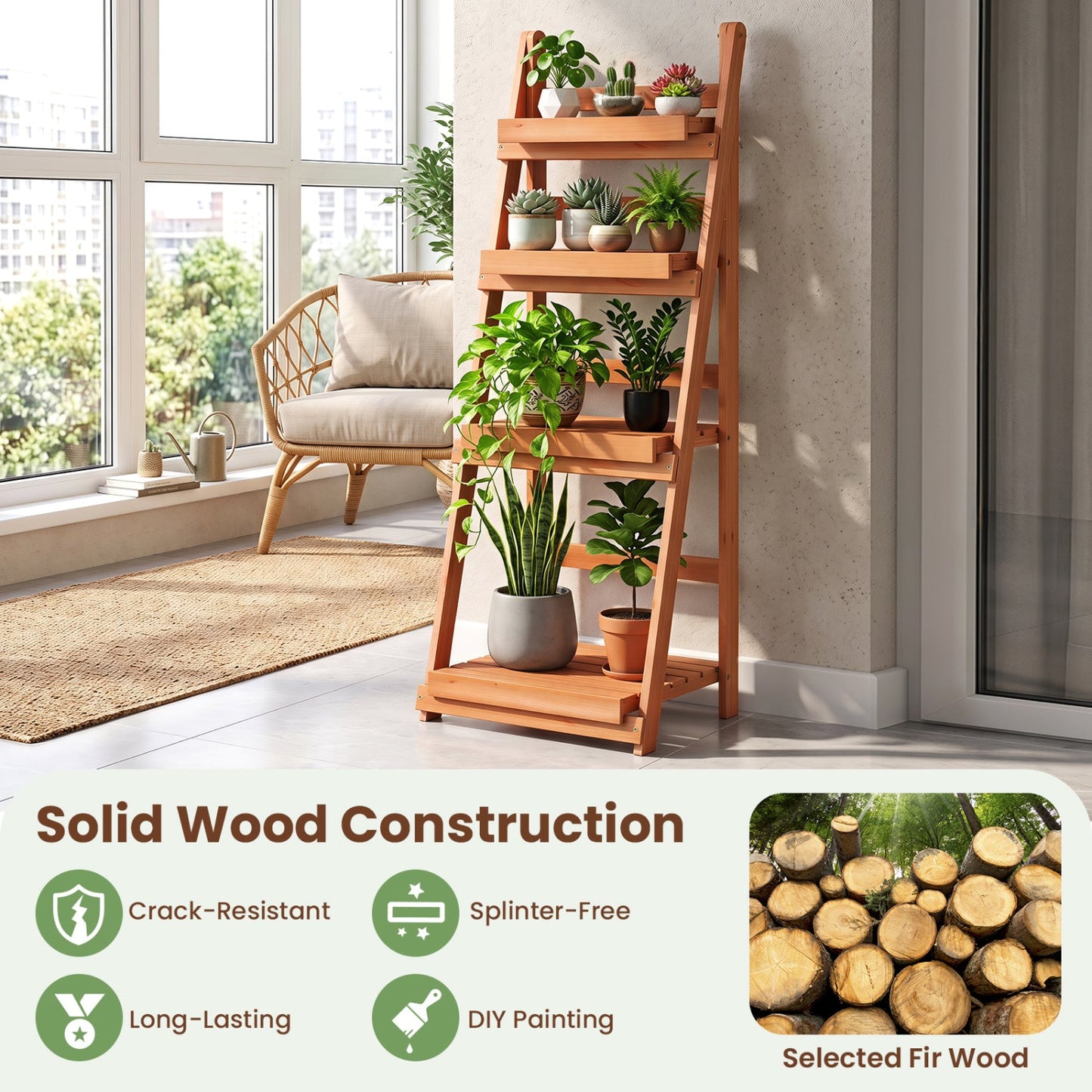4-Tier Foldable Plant Stand with Slatted Shelves