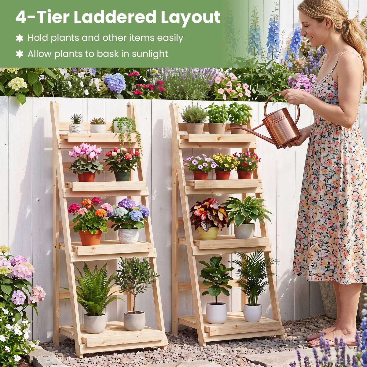 4-Tier Foldable Plant Stand with Slatted Shelves
