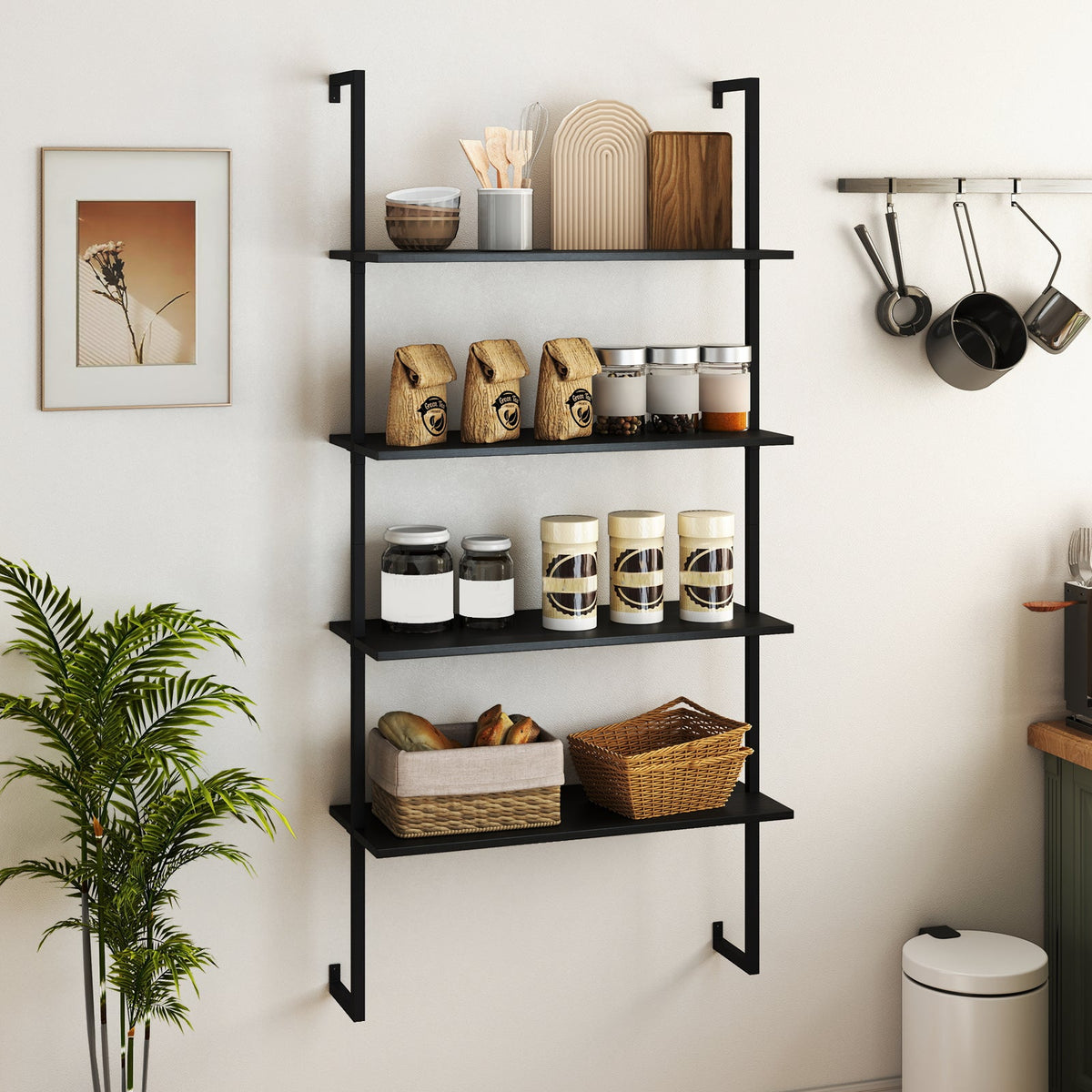 4-Tier Ladder Shelf Open Wall Mounted Bookcase with Wooden Boards and Metal Frame-Black