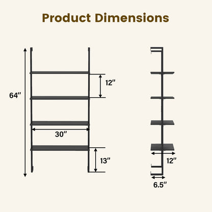 4-Tier Ladder Shelf Open Wall Mounted Bookcase with Wooden Boards and Metal Frame-Black